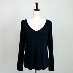 Peruvian Connection Black Stretchy Jersey V-Neck Double Layered Long Sleeve Top